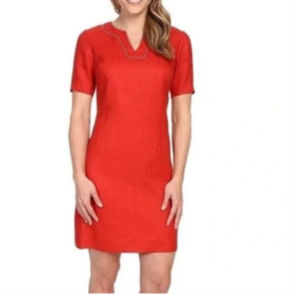 Pendleton Red Lora 100% Linen Short Sleeve Shift Dress Sz 4 #210J